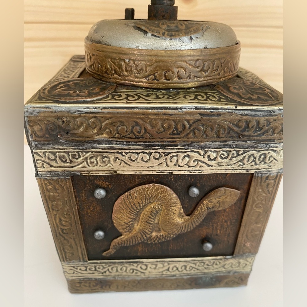 SOLD Moroccan Coffee Grinder Vintage Hand Crank Ornate Brass Metal & Wood Boho - Picture 7 of 14